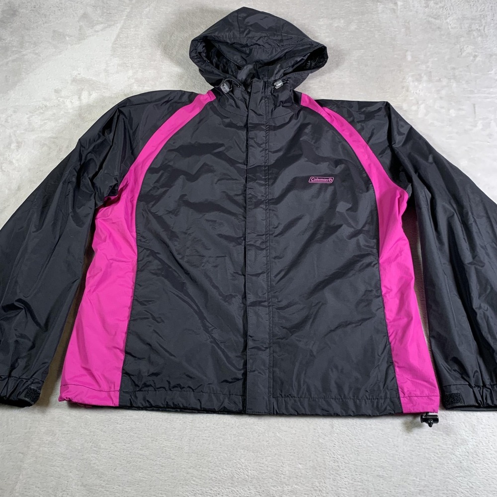Coleman Jacket Womens L/XL Black Pink Hooded Windbreaker Nylon Mesh Lined 8695‎